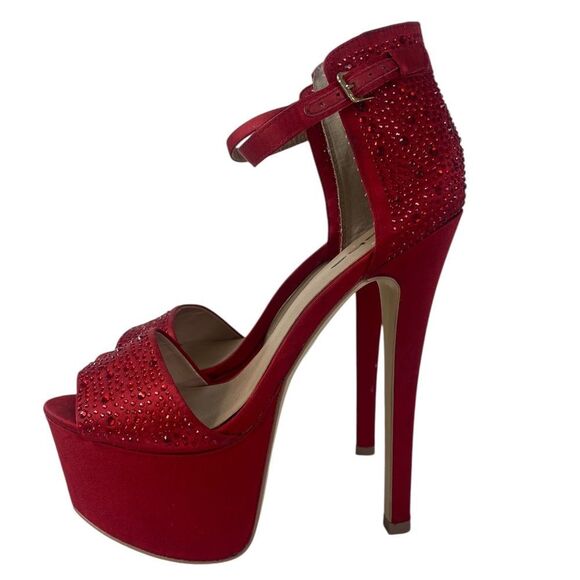 bebe original Red Stelettos platform heels with rhinestones satin wraped - Picture 1 of 10